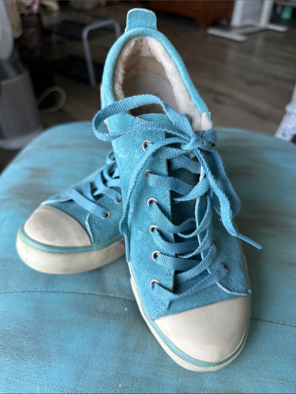 UGG Fur Lined Sky Blue Suede Lace-Up Sneakers